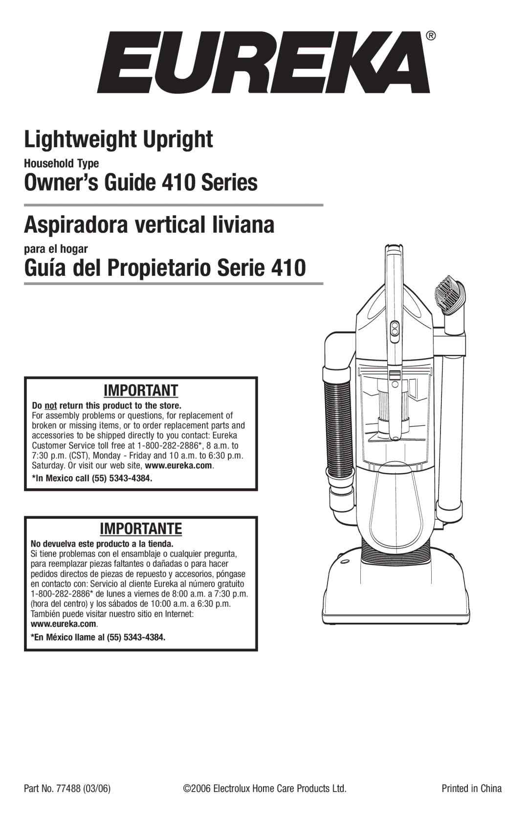 Eureka 410 manual Do not return this product to the store Mexico call 55 