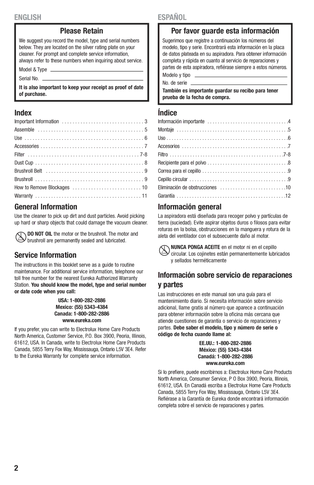 Eureka 410 manual Please Retain, Por favor guarde esta información, Index, General Information, Service Information, Índice 