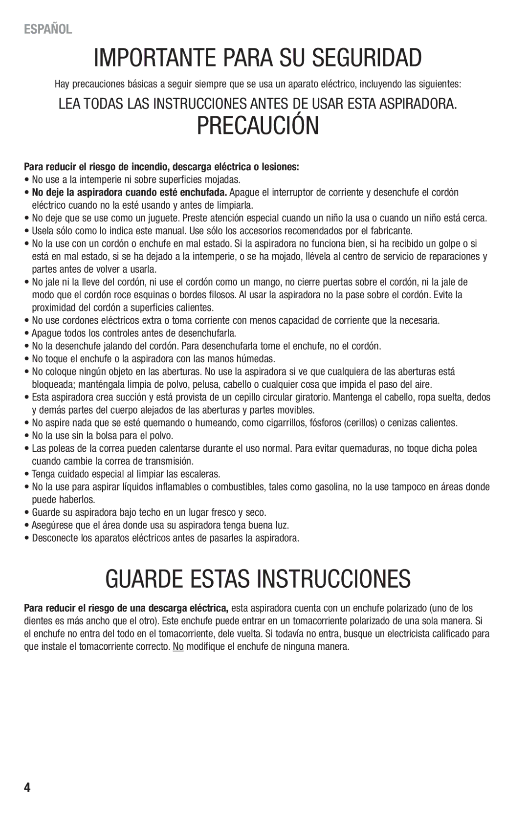 Eureka 410 manual Importante Para SU Seguridad 