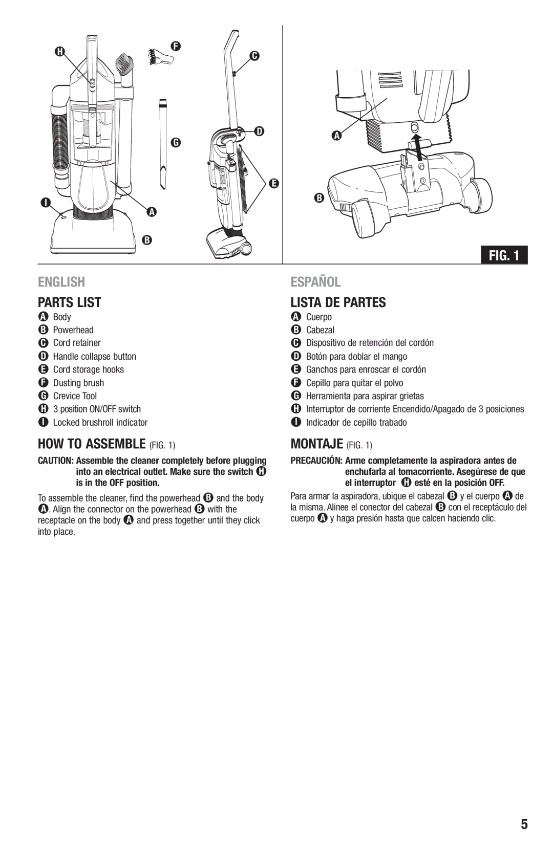 Eureka 410 manual Parts List Lista DE Partes, HOW to Assemble FIG Montaje FIG 