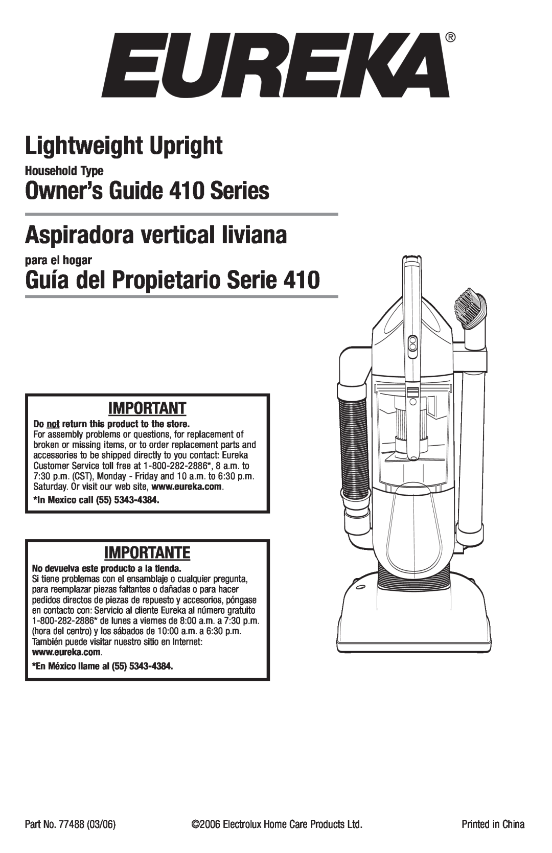 Eureka manual Household Type, para el hogar, Lightweight Upright, Owner’s Guide 410 Series Aspiradora vertical liviana 