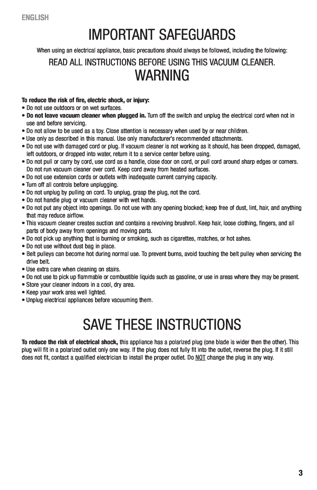 Eureka 410 Important Safeguards, Save These Instructions, To reduce the risk of fire, electric shock, or injury, English 