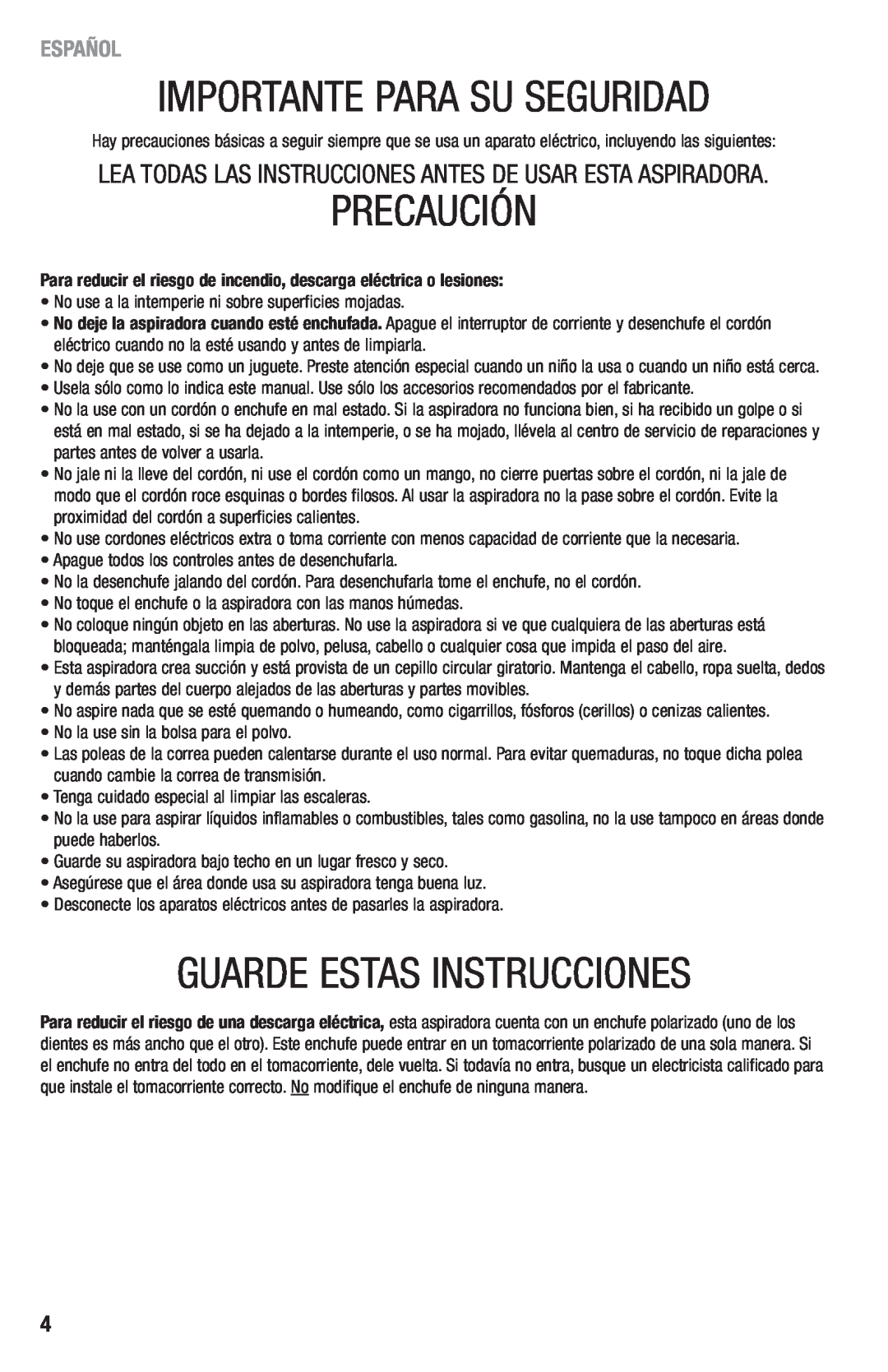 Eureka 410 manual Importante Para Su Seguridad, Precaución, Guarde Estas Instrucciones, Español 