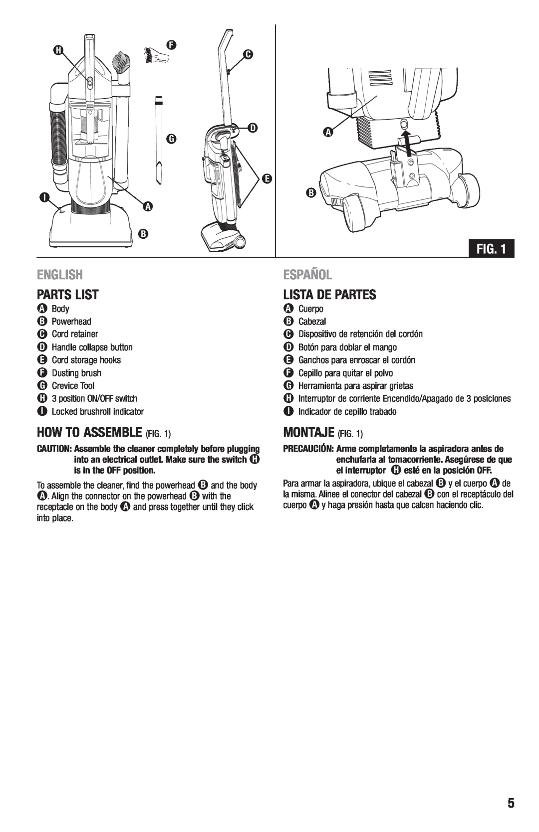 Eureka 410 manual Parts List, Lista De Partes, How To Assemble Fig, Montaje Fig, English, Español 