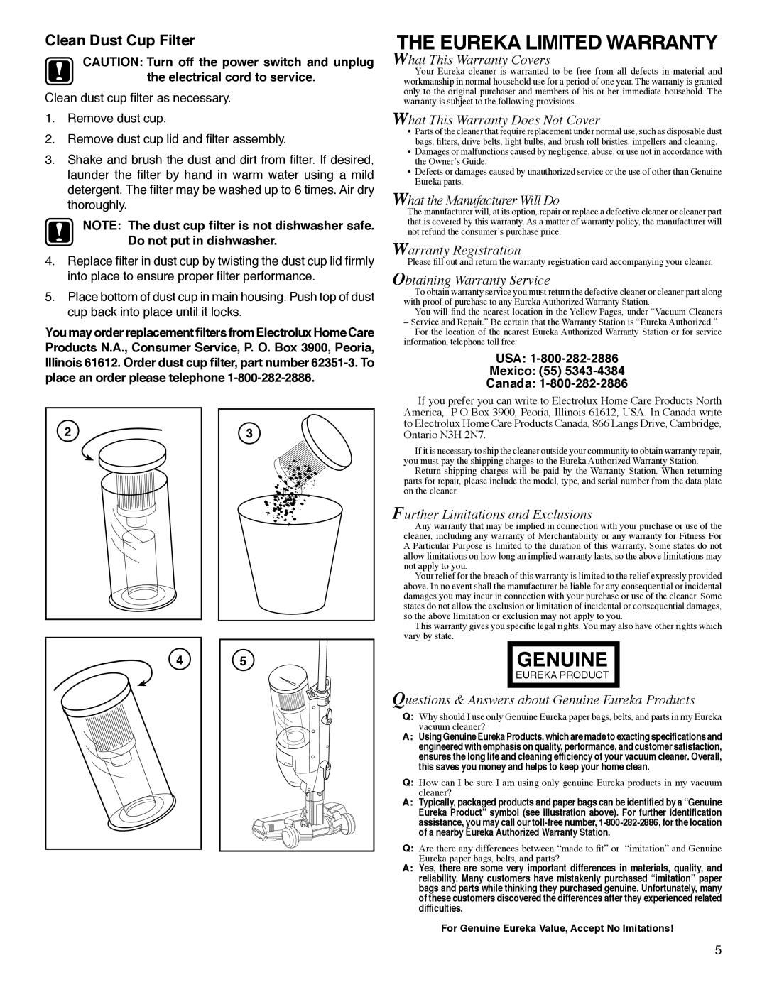 Eureka 420 Series warranty Clean Dust Cup Filter, Usa, Mexico Canada 