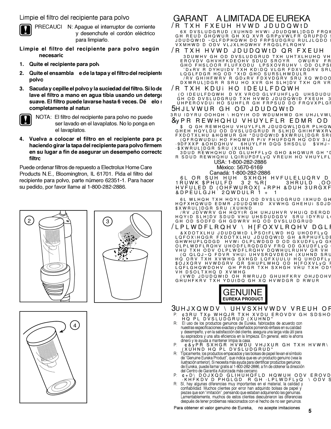 Eureka 420 warranty Garantía Limitada DE Eureka, Limpie el ﬁltro del recipiente para polvo, USA México Canadá 