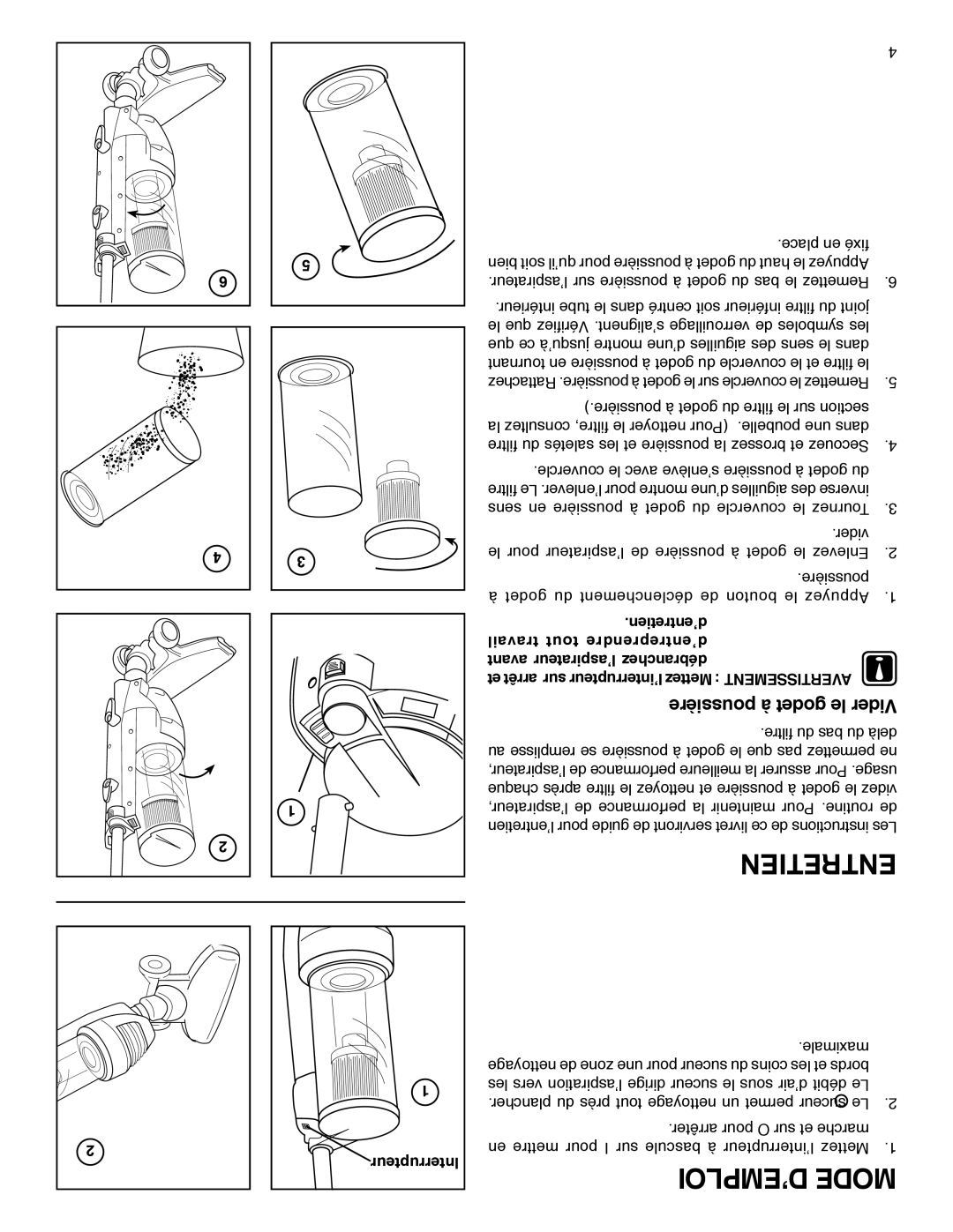 Eureka 420 warranty Poussière à godet le Vider, Interrupteur 