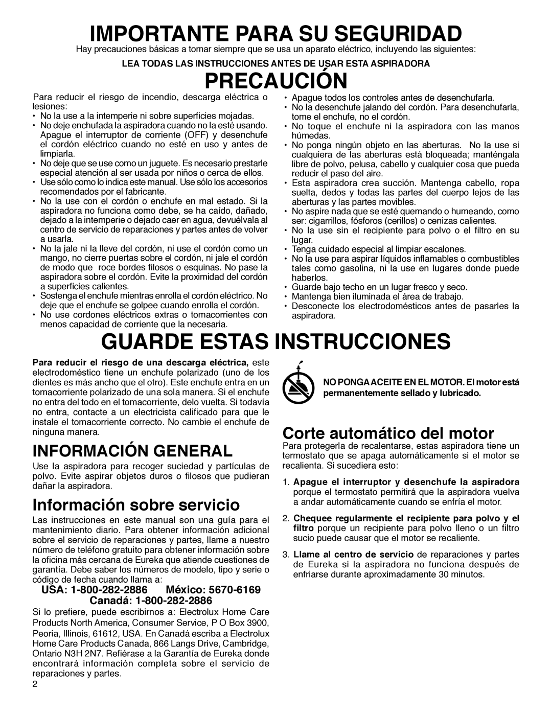Eureka 420 Información General, Información sobre servicio, Corte automático del motor, USA 1-800-282-2886 México Canadá 