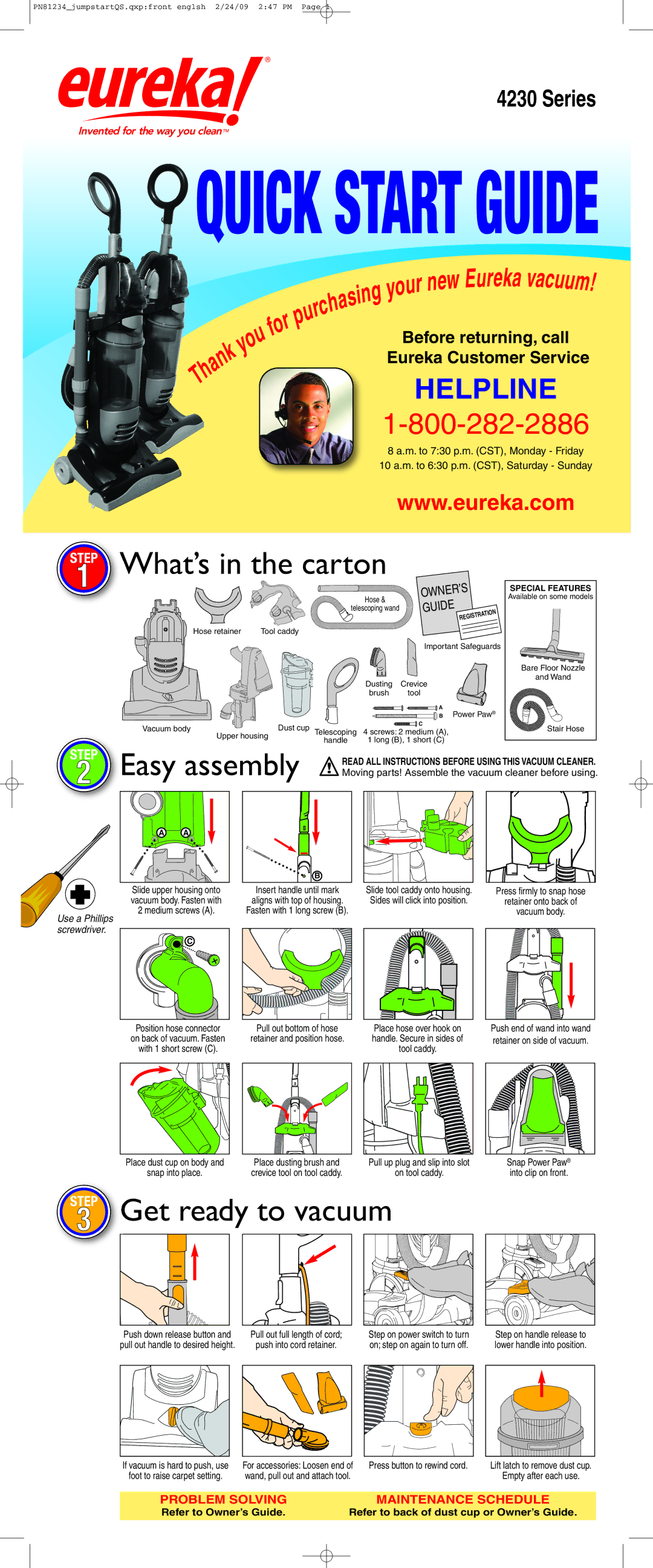 Eureka 4230 Series quick start Quick Start Guide, What’s in the carton, To vacuum, Easy assembly 