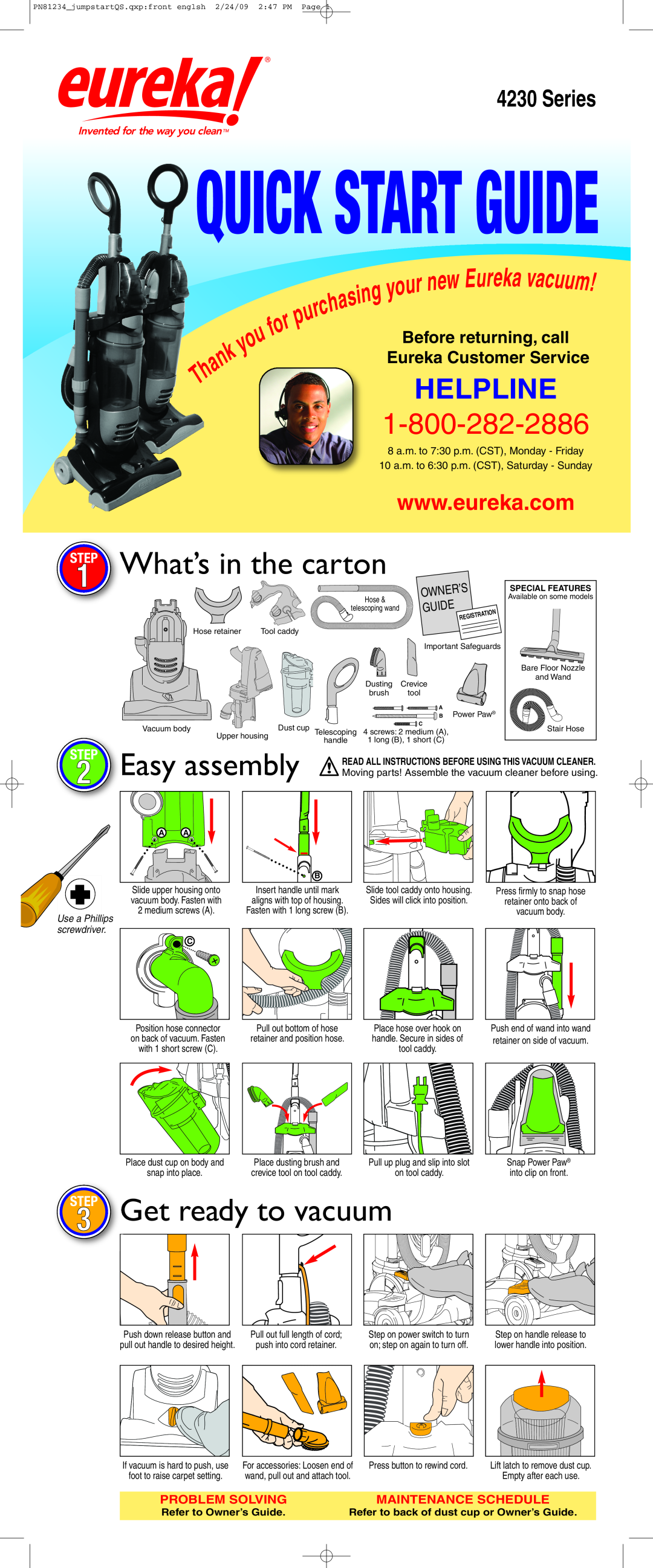 Eureka 4230 Series quick start Quick Start Guide, What’s in the carton, to vacuum, Easy assembly, Helpline, E reka v cu 
