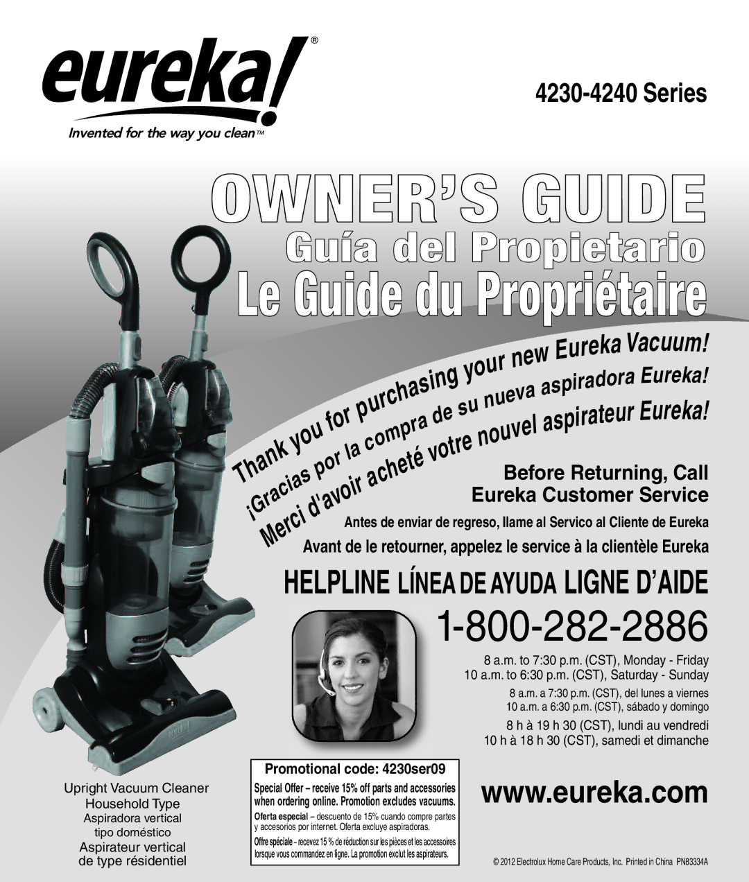 Eureka 4242A manual Series, Promotional code 4230ser09 