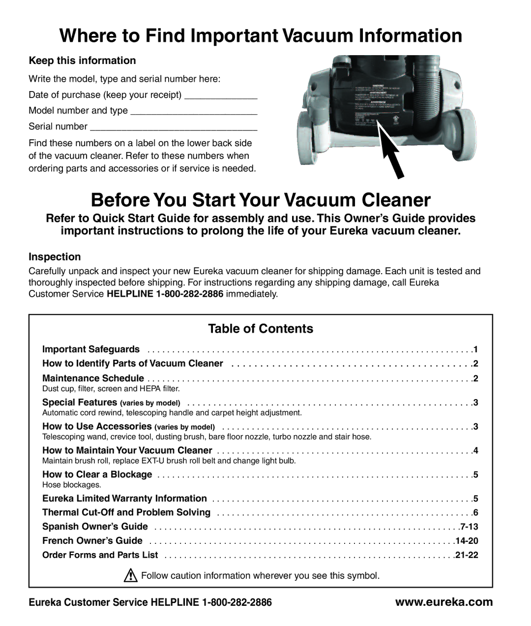 Eureka 4242A manual Where to Find Important Vacuum Information, Before You Start Your Vacuum Cleaner 