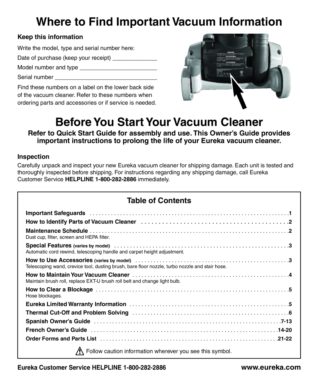 Eureka 4242A manual Where to Find Important Vacuum Information, Before You Start Your Vacuum Cleaner, Keep this information 