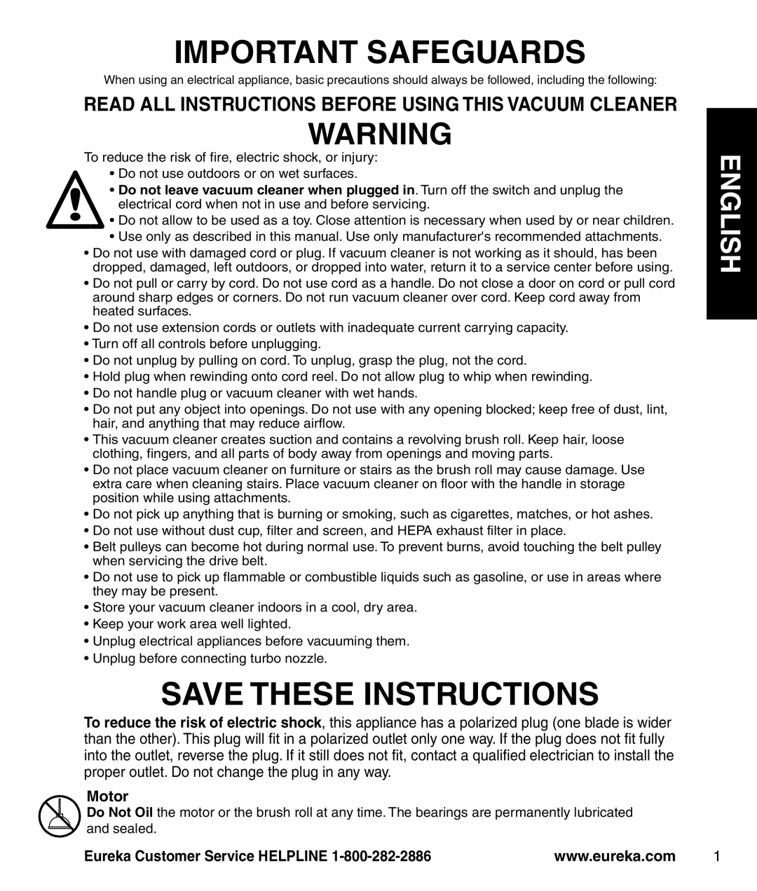 Eureka 4242A manual English, Motor, Important Safeguards, Save These Instructions, Eureka Customer Service HELPLINE 