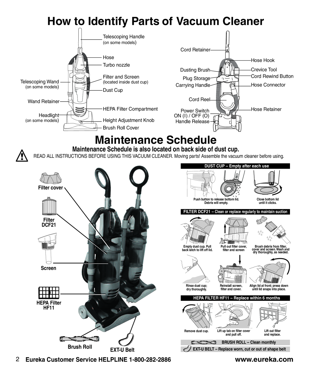 Eureka 4242A How to Identify Parts of Vacuum Cleaner, Maintenance Schedule, Eureka Customer Service HELPLINE, Brush Roll 