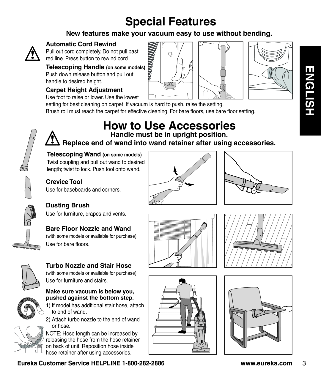 Eureka 4242A Special Features, How to Use Accessories, New features make your vacuum easy to use without bending, English 