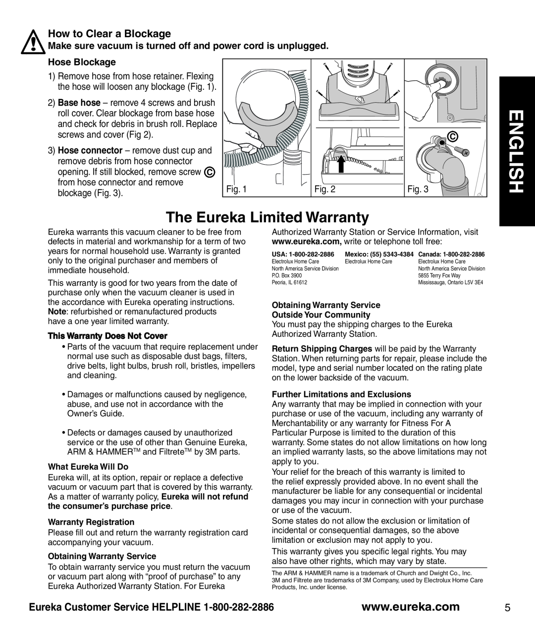 Eureka 4242A manual The Eureka Limited Warranty, How to Clear a Blockage, Hose Blockage, English 