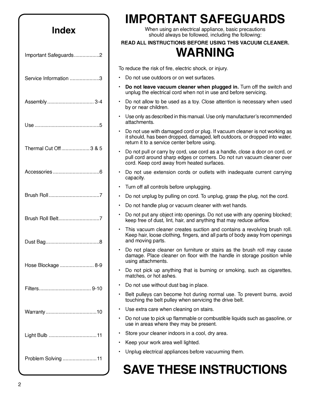 Eureka 4320-4370 Series, 4440-4470 Series manual Important Safeguards, Index 