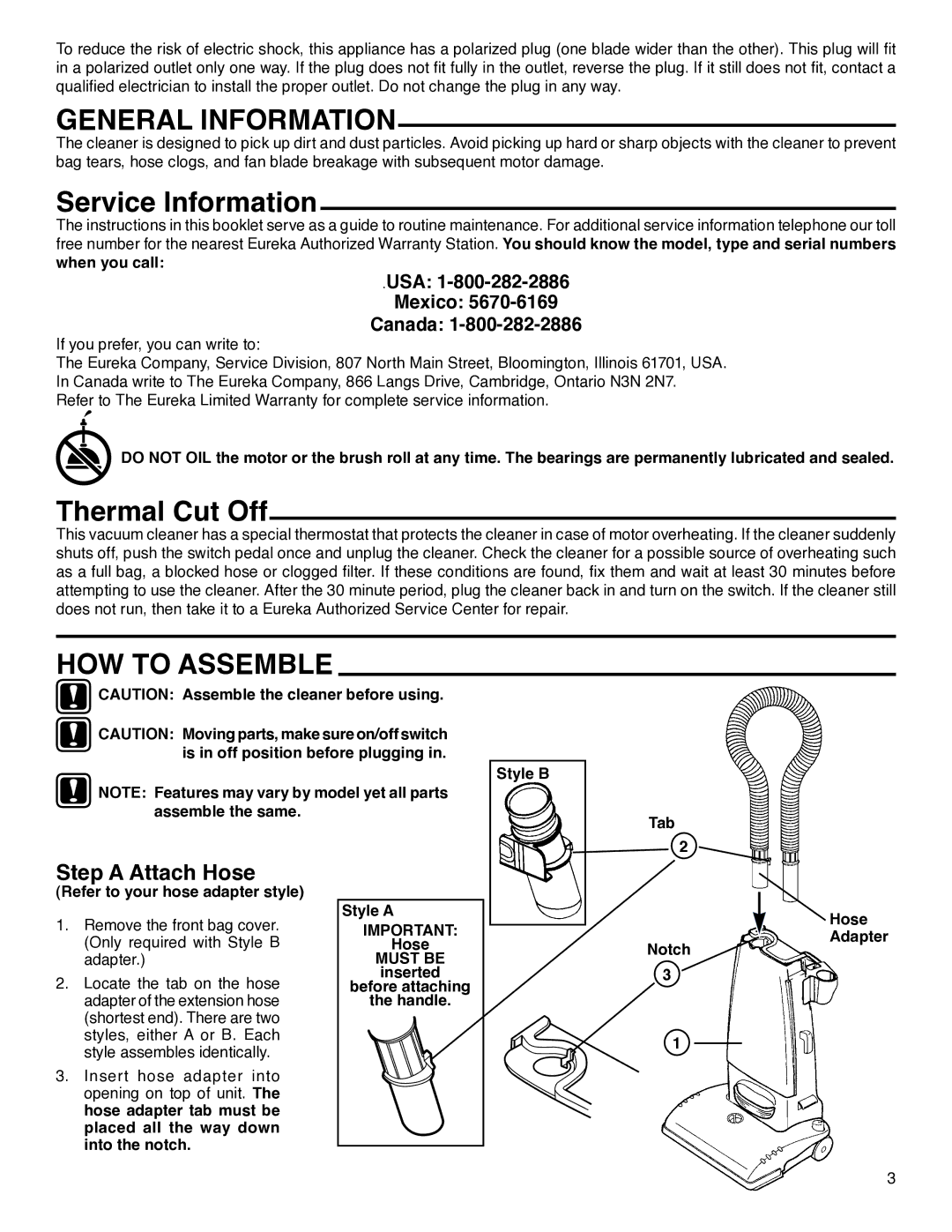 Eureka 4440-4470 Series General Information, Service Information, Thermal Cut Off, HOW to Assemble, Step a Attach Hose 