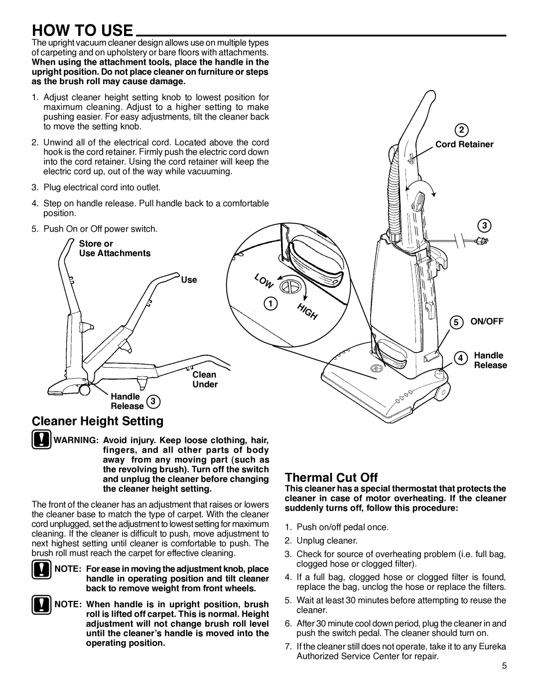 Eureka 4440-4470 Series, 4320-4370 Series manual HOW to USE, Cleaner Height Setting, Thermal Cut Off 