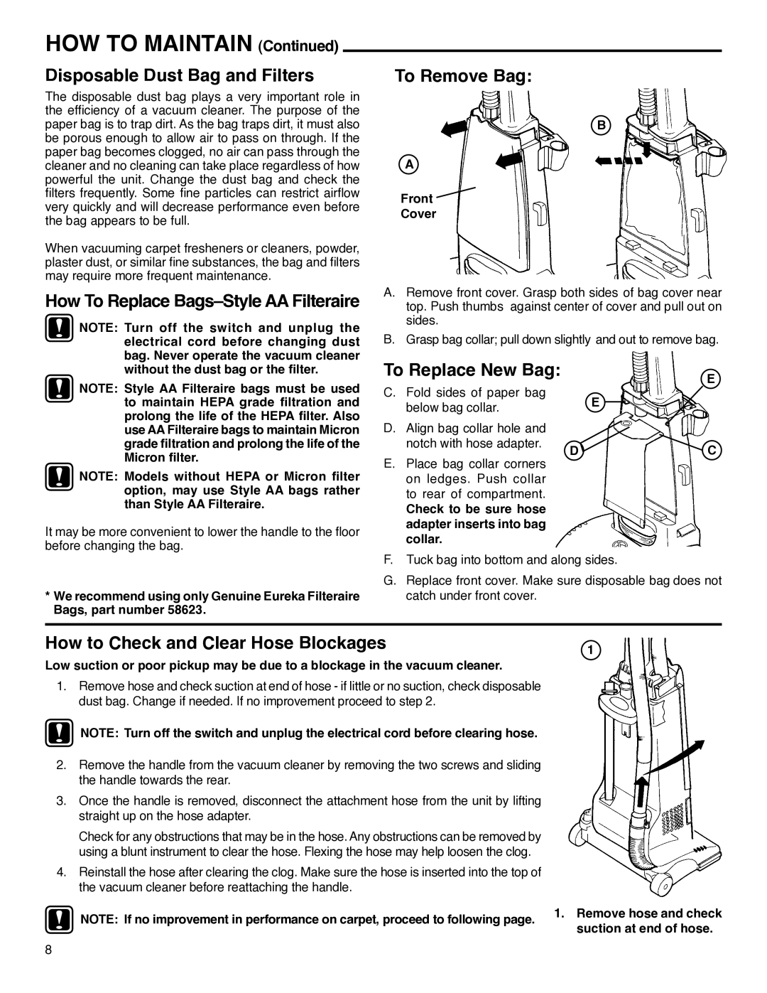 Eureka 4320-4370 Series manual HOW to Maintain, Disposable Dust Bag and Filters, To Remove Bag, To Replace New Bag 