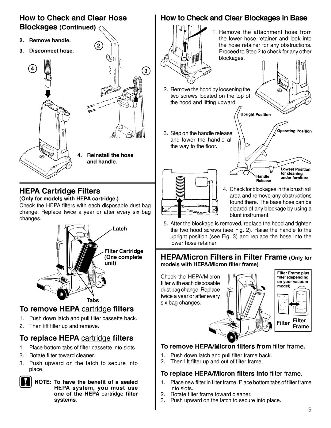 Eureka 4440-4470 Series, 4320-4370 Series manual How to Check and Clear Hose, How to Check and Clear Blockages in Base 