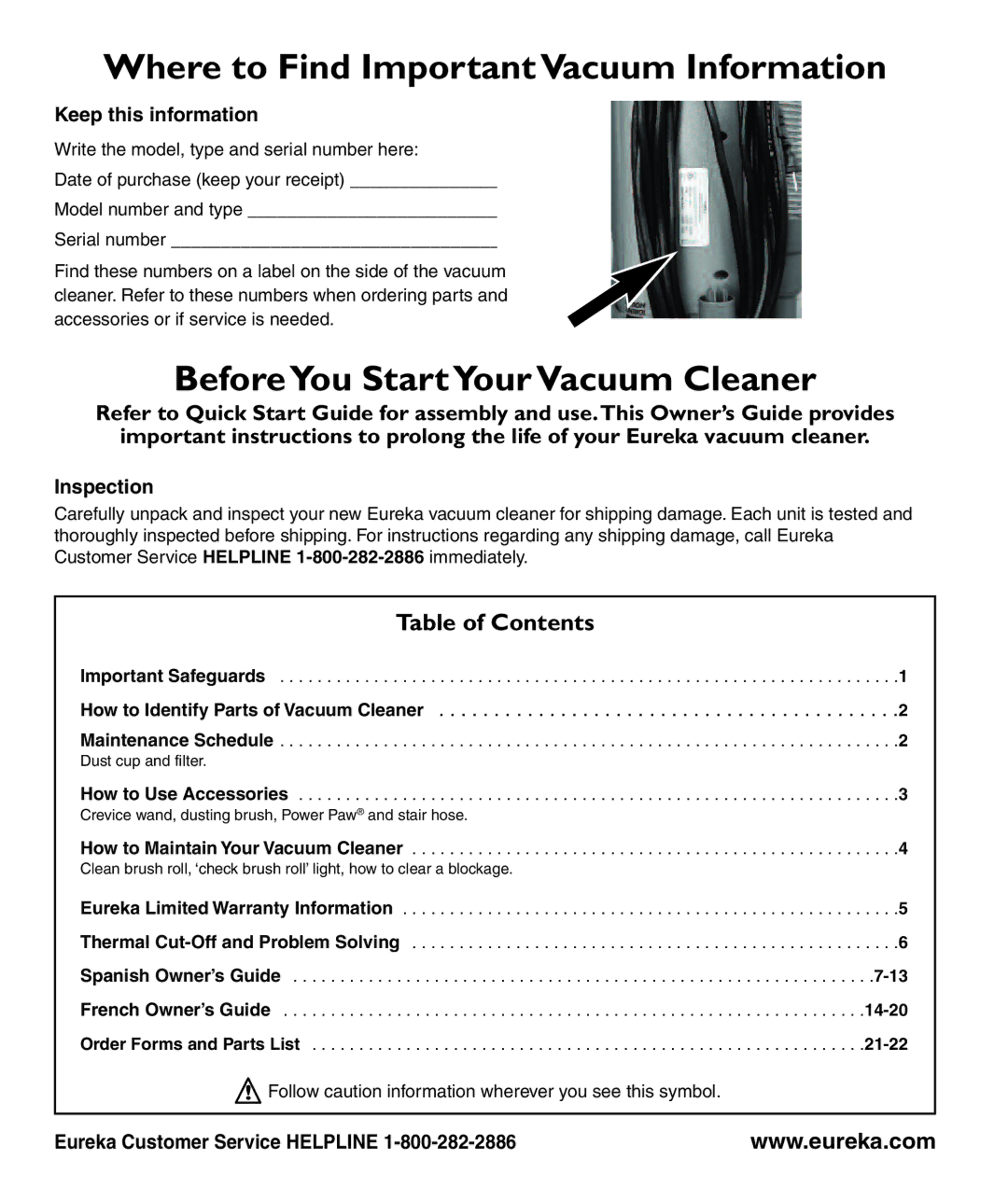 Eureka 439AZ manual Where to Find Important Vacuum Information, BeforeYou Start Your VacuumCleaner 