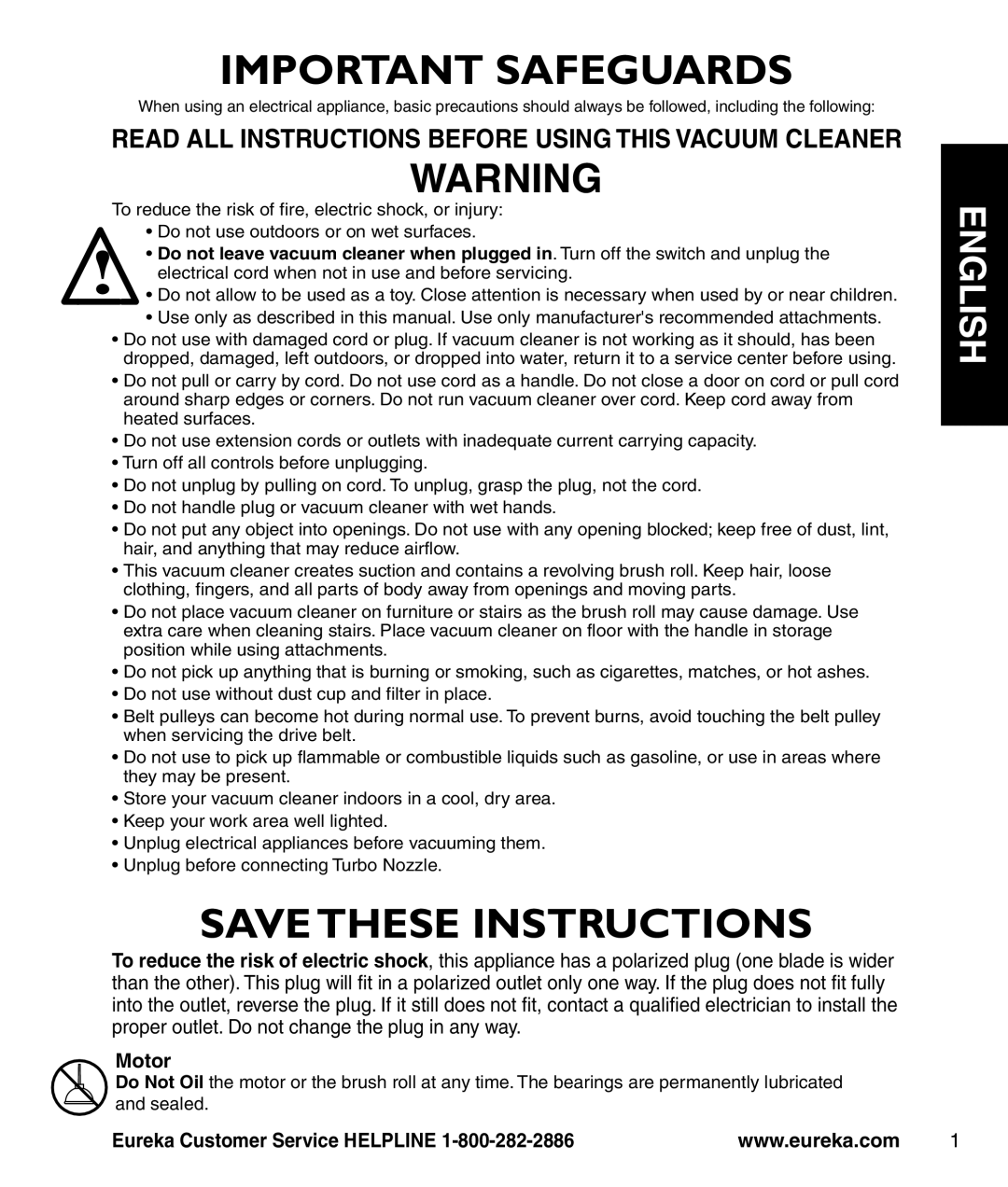 Eureka 439AZ manual Important Safeguards, Motor 