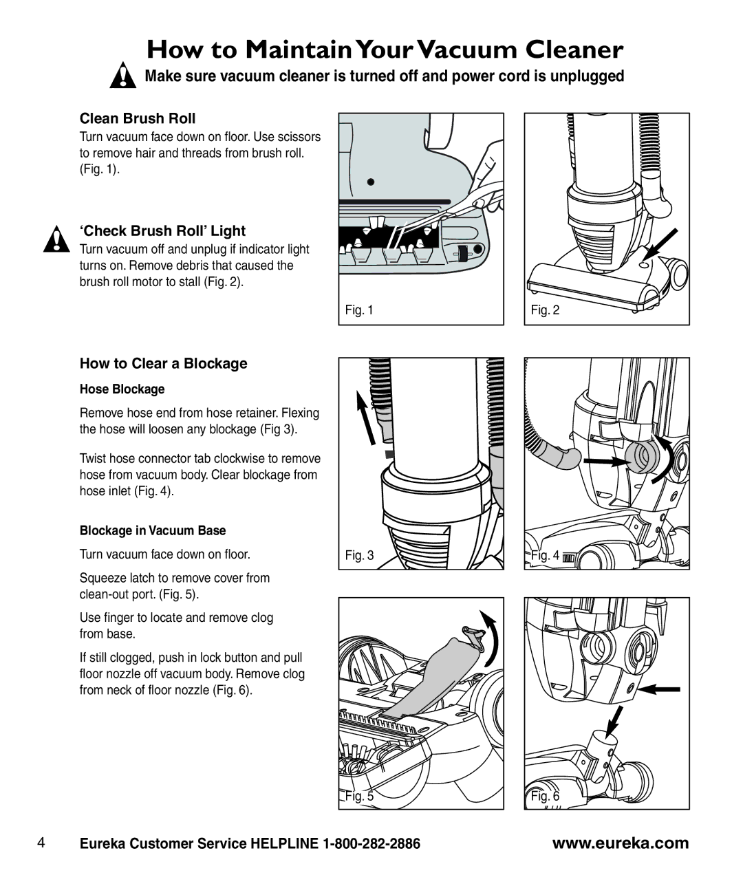 Eureka 439AZ How to Maintain Your Vacuum Cleaner, Clean Brush Roll, ‘Check Brush Roll’ Light, How to Clear a Blockage 