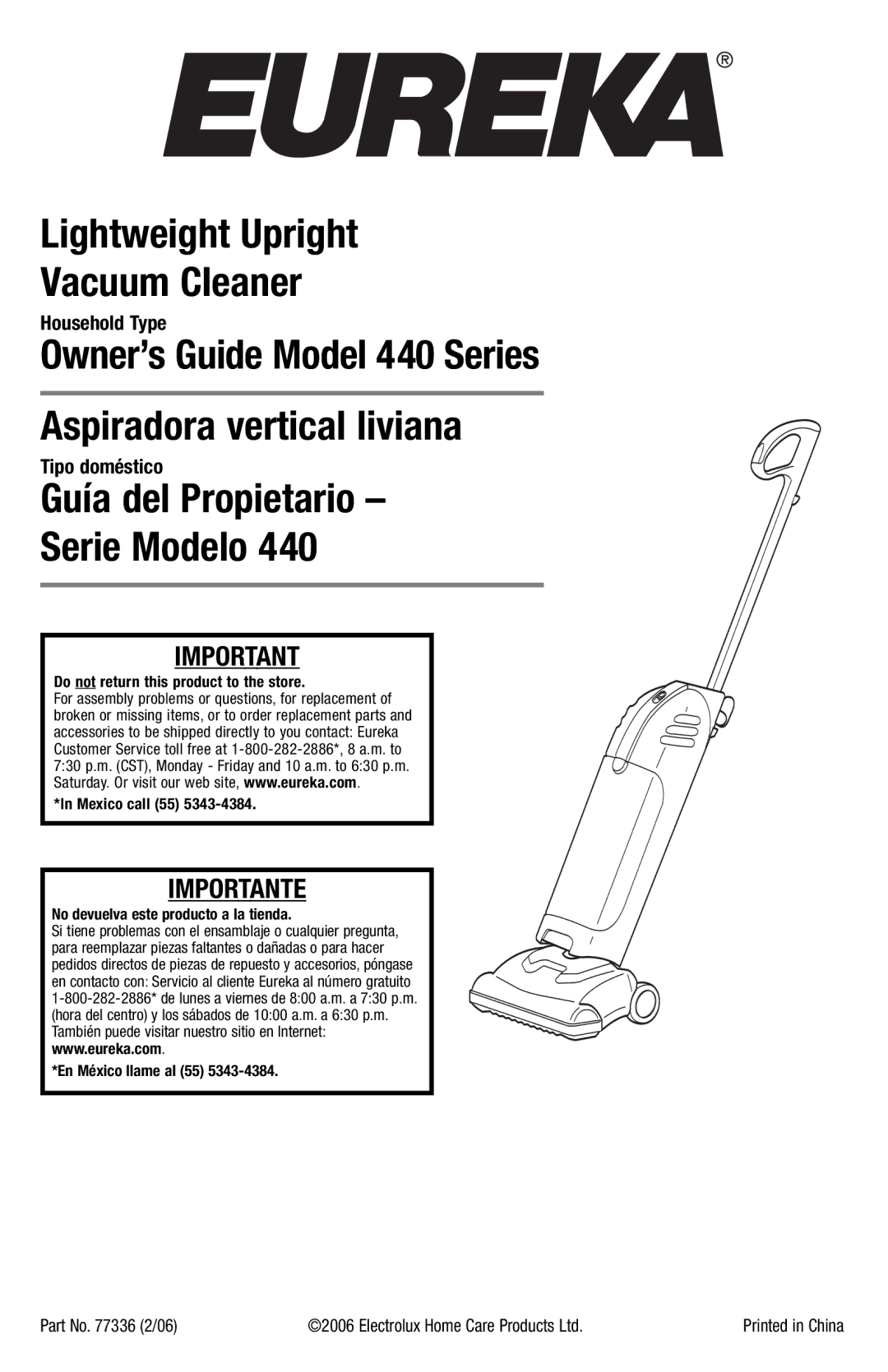 Eureka 440 Series manual Do not return this product to the store Mexico call 55 