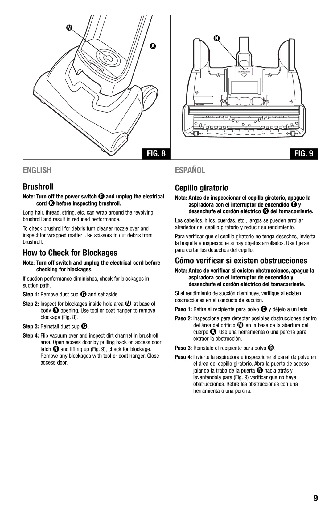 Eureka 440 Series manual Brushroll Cepillo giratorio, How to Check for Blockages, Cómo verificar si existen obstrucciones 