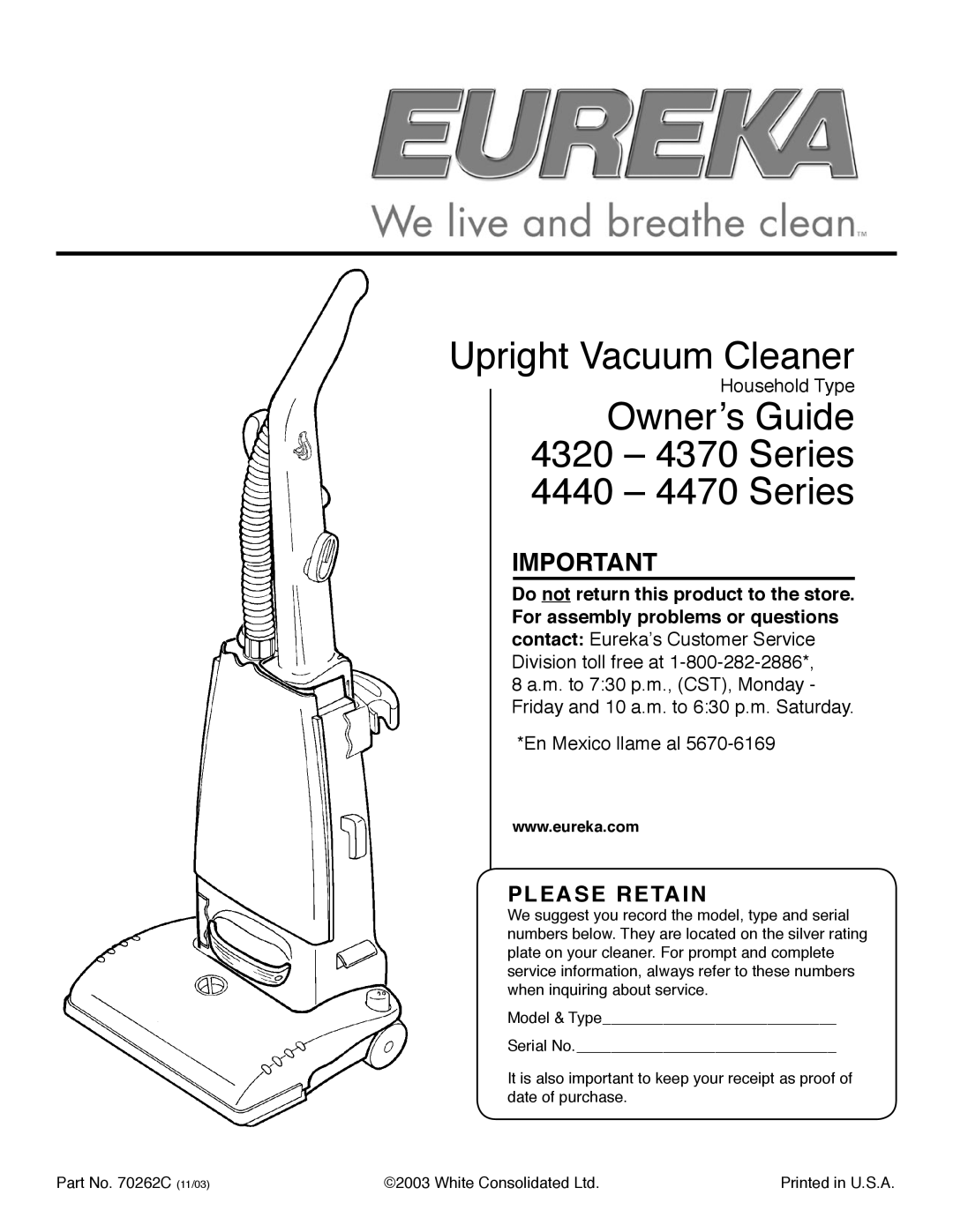 Eureka 4440 -4470, 4320 -4370 manual Upright Vacuum Cleaner 