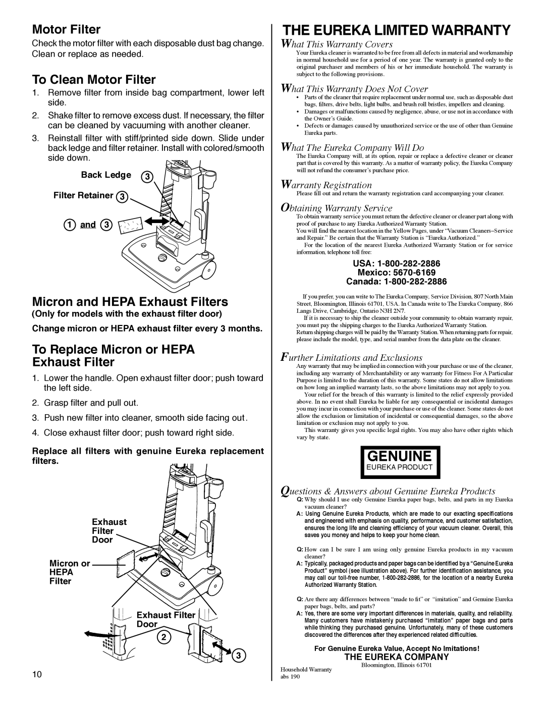 Eureka 4320 -4370 To Clean Motor Filter, Micron and Hepa Exhaust Filters, To Replace Micron or Hepa Exhaust Filter 