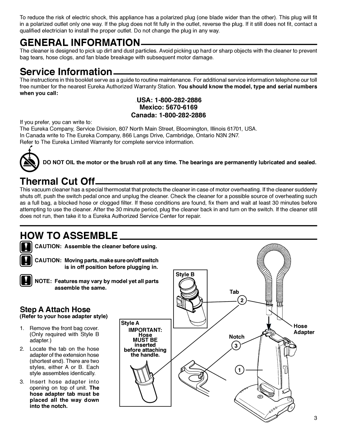 Eureka 4440 -4470 manual General Information, Service Information, Thermal Cut Off, HOW to Assemble, Step a Attach Hose 