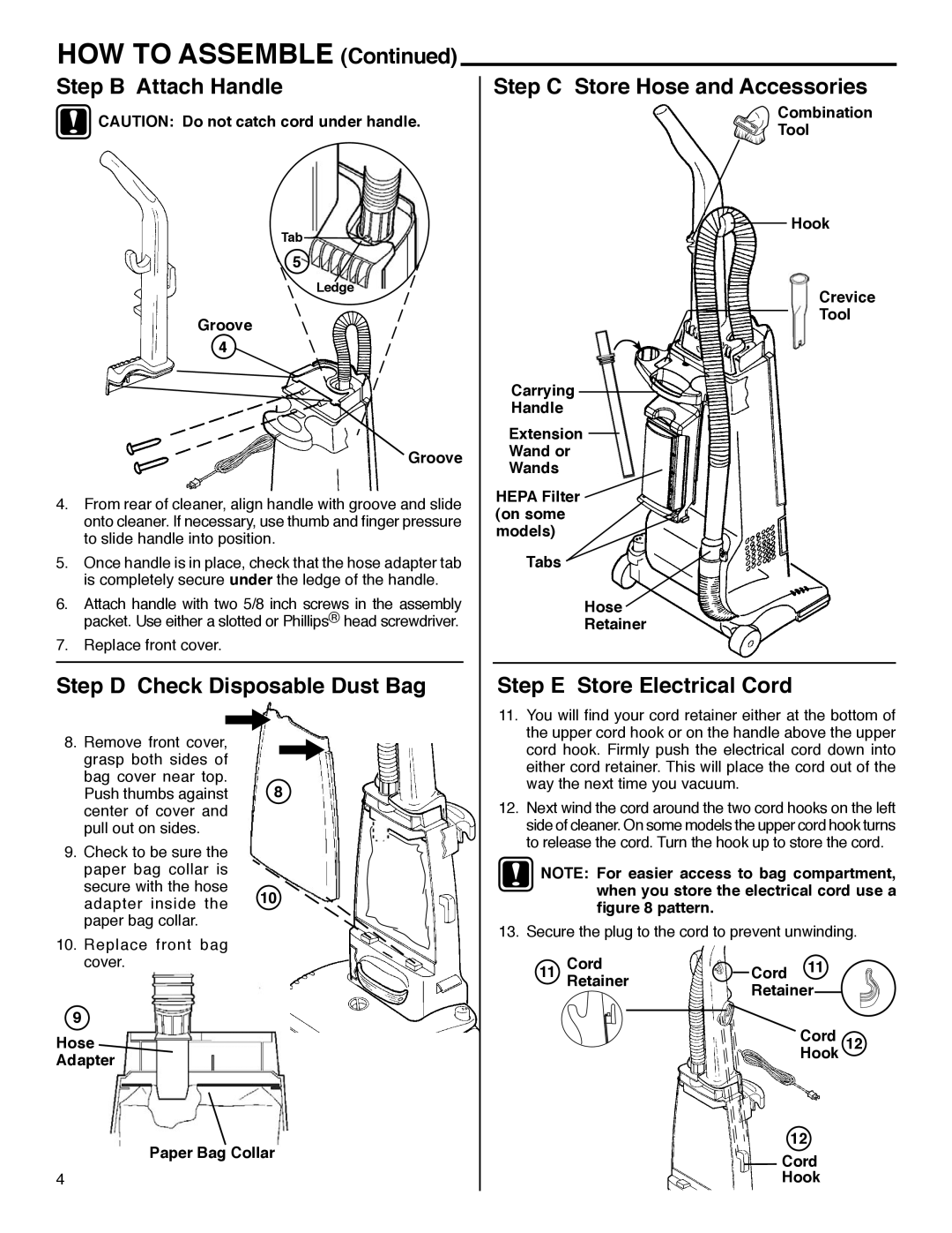 Eureka 4440 -4470 HOW to Assemble, Step B Attach Handle, Step D Check Disposable Dust Bag, Step E Store Electrical Cord 