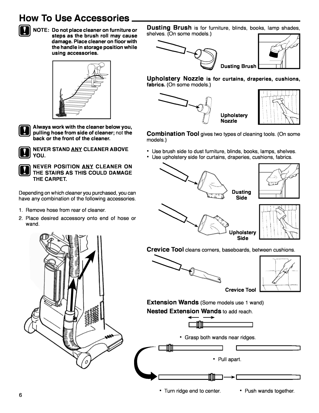 Eureka 4320 -4370, 4440 -4470 How To Use Accessories, Never Stand Any Cleaner Above You, Dusting Brush, Upholstery Nozzle 