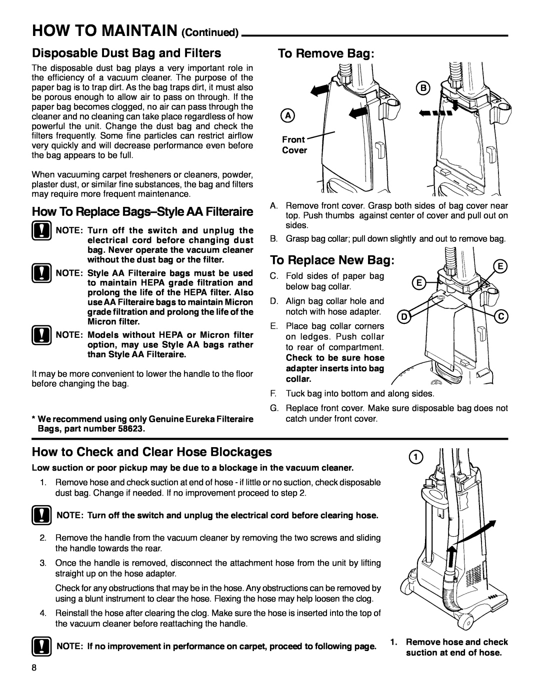 Eureka 4440 -4470 manual HOW TO MAINTAIN Continued, Disposable Dust Bag and Filters, To Remove Bag, To Replace New Bag 