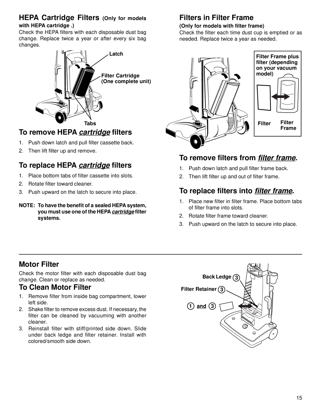 Eureka 4380 Hepa Cartridge Filters Only for models, To remove Hepa cartridge filters, To replace Hepa cartridge filters 