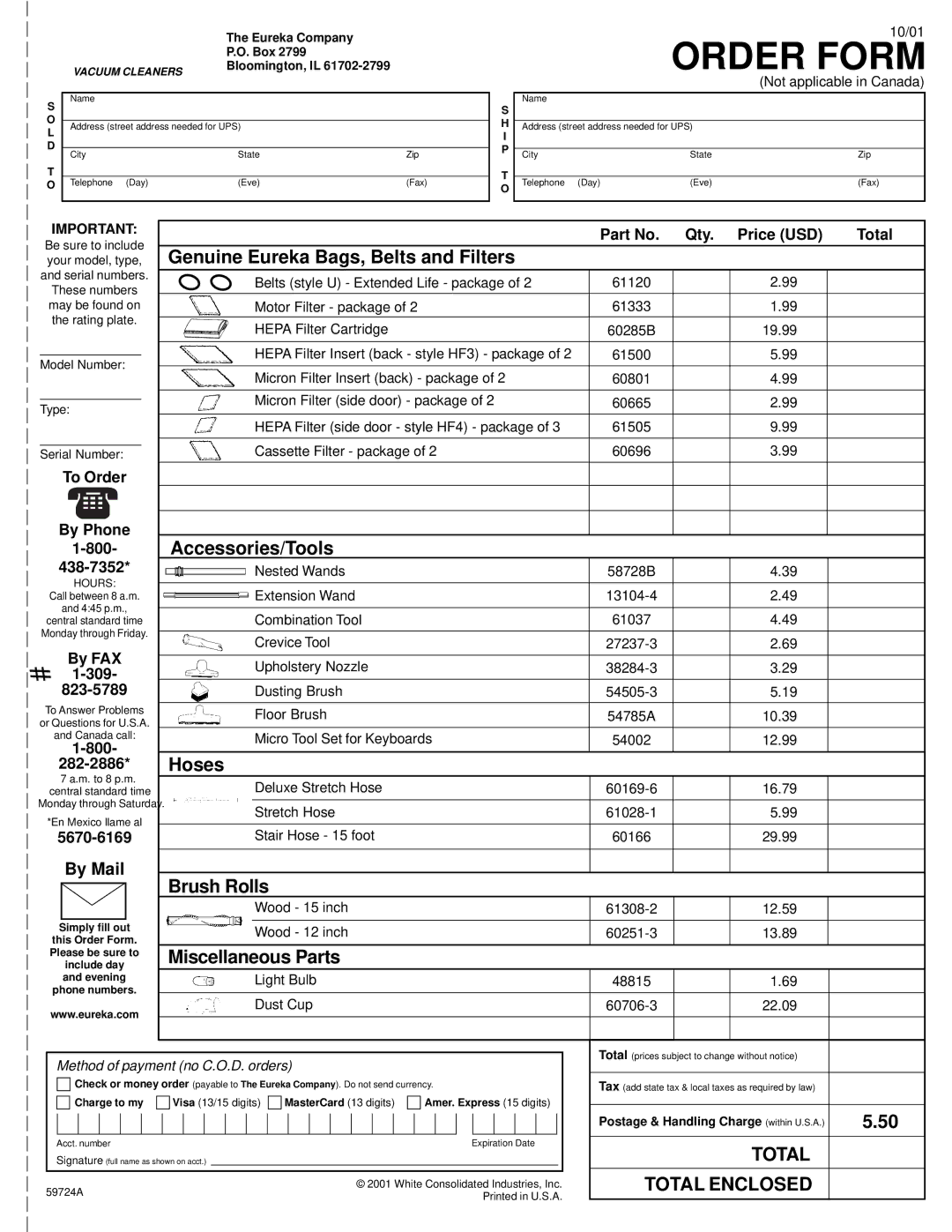 Eureka 4380, 4480 Genuine Eureka Bags, Belts and Filters, Accessories/Tools, Hoses, Brush Rolls, Miscellaneous Parts 