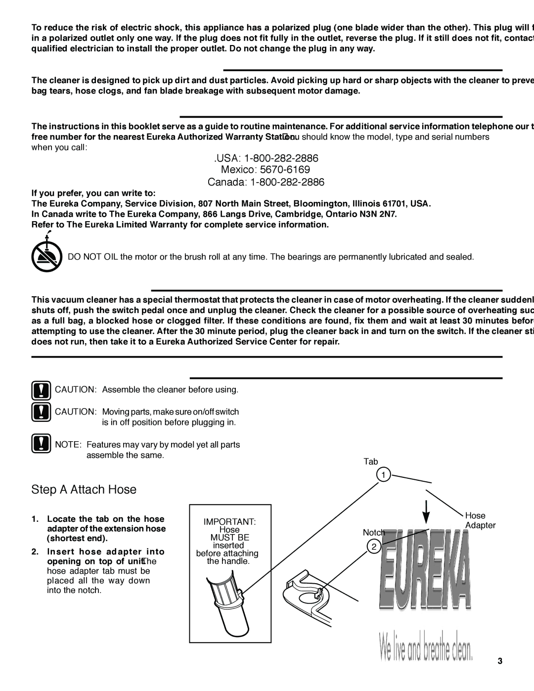 Eureka 4390 Series, 4490 Series, 4380 Series, 4480 Series manual Service Information, Thermal Cut Off, Step a Attach Hose 