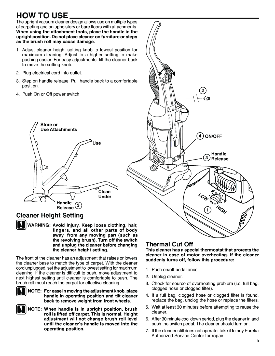 Eureka 4380 Series, 4490 Series, 4480 Series, 4390 Series manual Cleaner Height Setting 