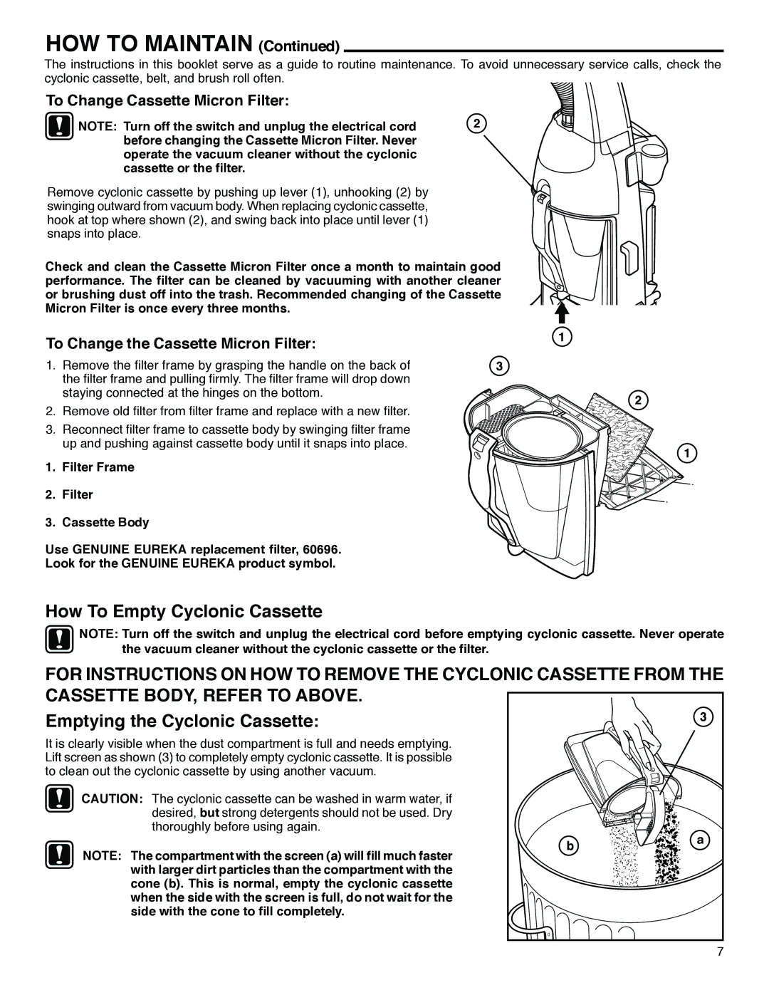 Eureka 4390 Series manual HOW to Maintain, How To Empty Cyclonic Cassette, Emptying the Cyclonic Cassette, Filter Frame 