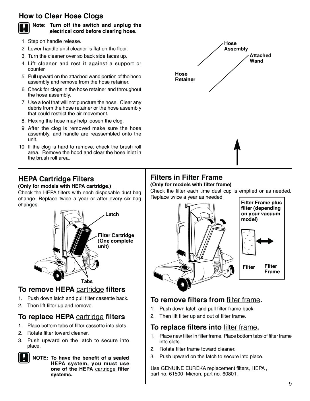 Eureka 4380 Series, 4490 Series manual How to Clear Hose Clogs, Hepa Cartridge Filters, To remove Hepa cartridge filters 