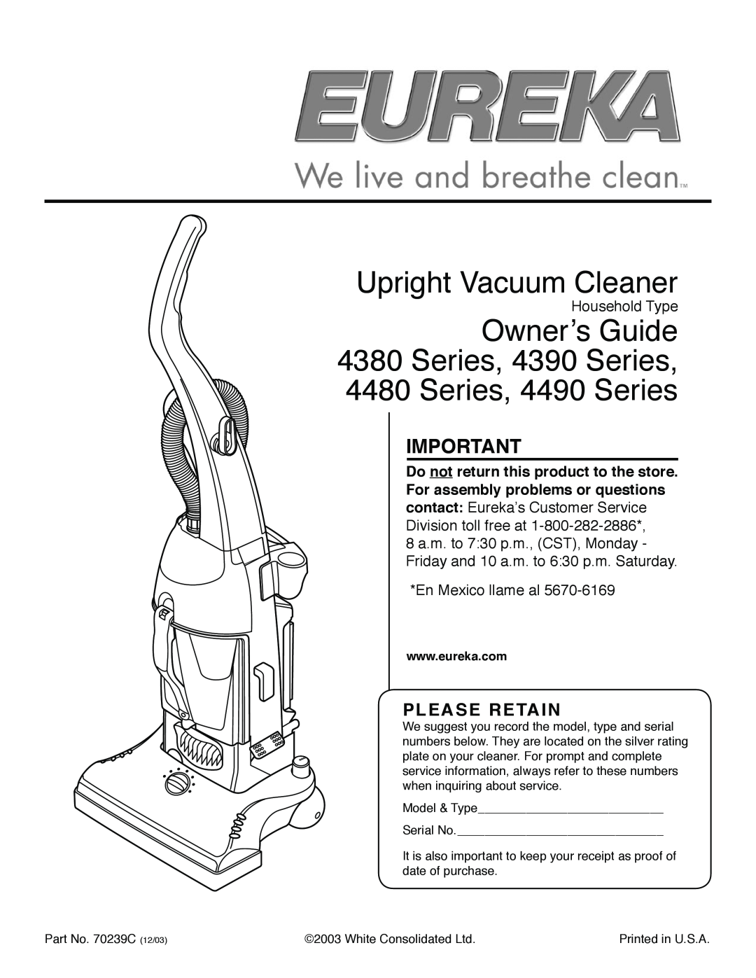 Eureka 4380 Series, 4490 Series, 4480 Series, 4390 Series manual Please Retain, Upright Vacuum Cleaner 
