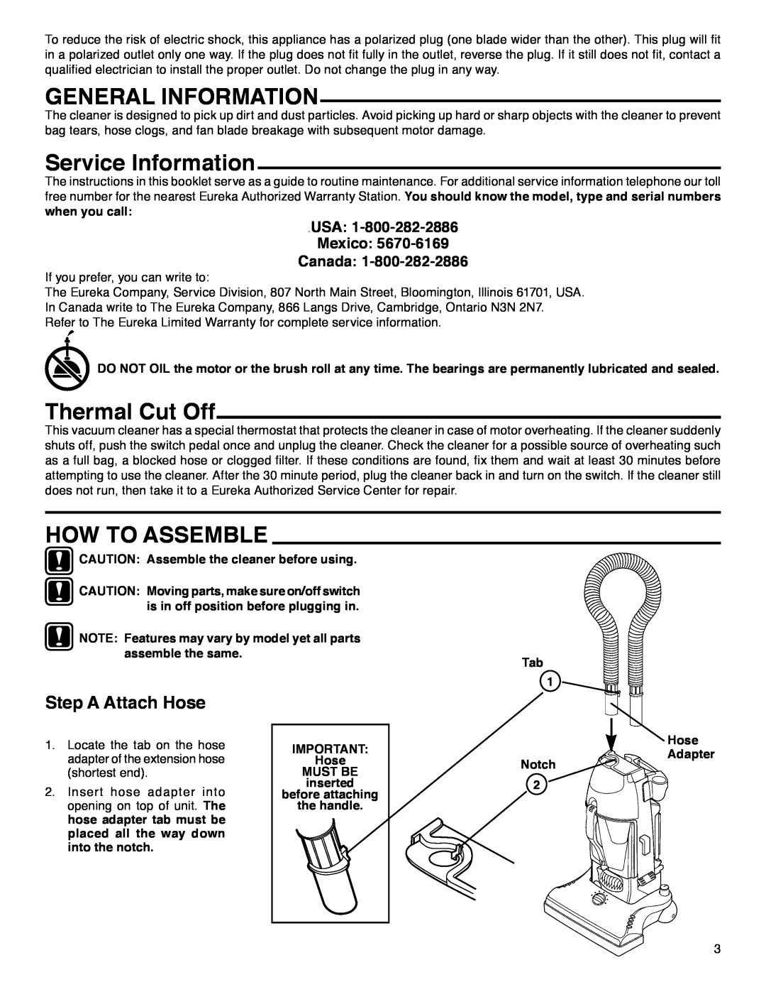 Eureka 4390 Series General Information, Service Information, Thermal Cut Off, How To Assemble, Step A Attach Hose, Notch 