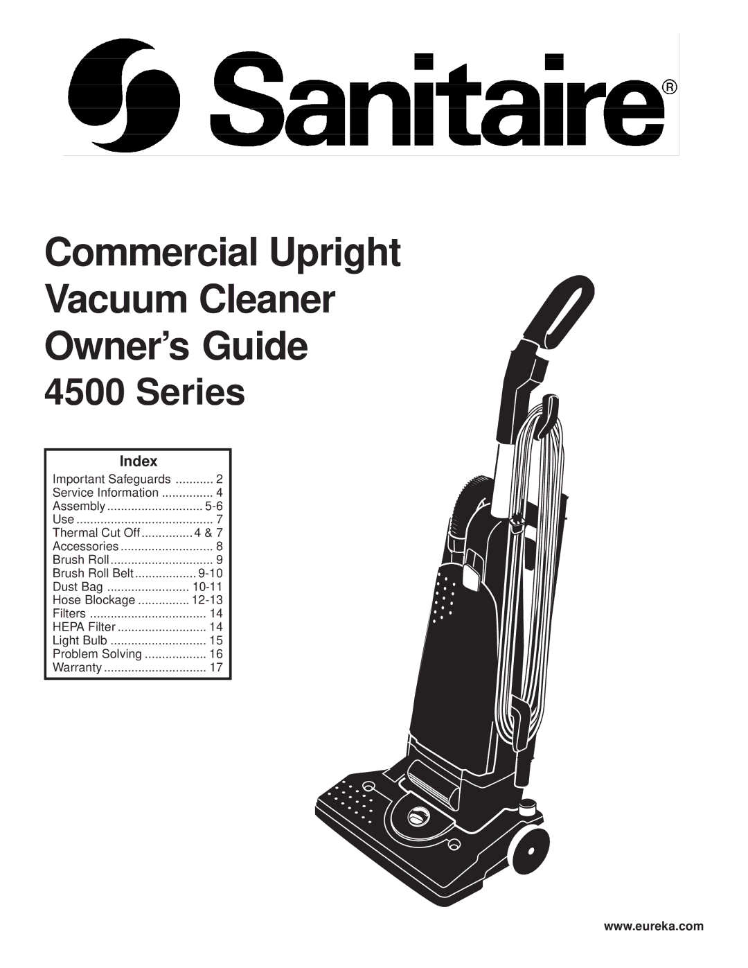 Eureka 4500 warranty Commercial Upright Vacuum Cleaner Owner’s Guide 