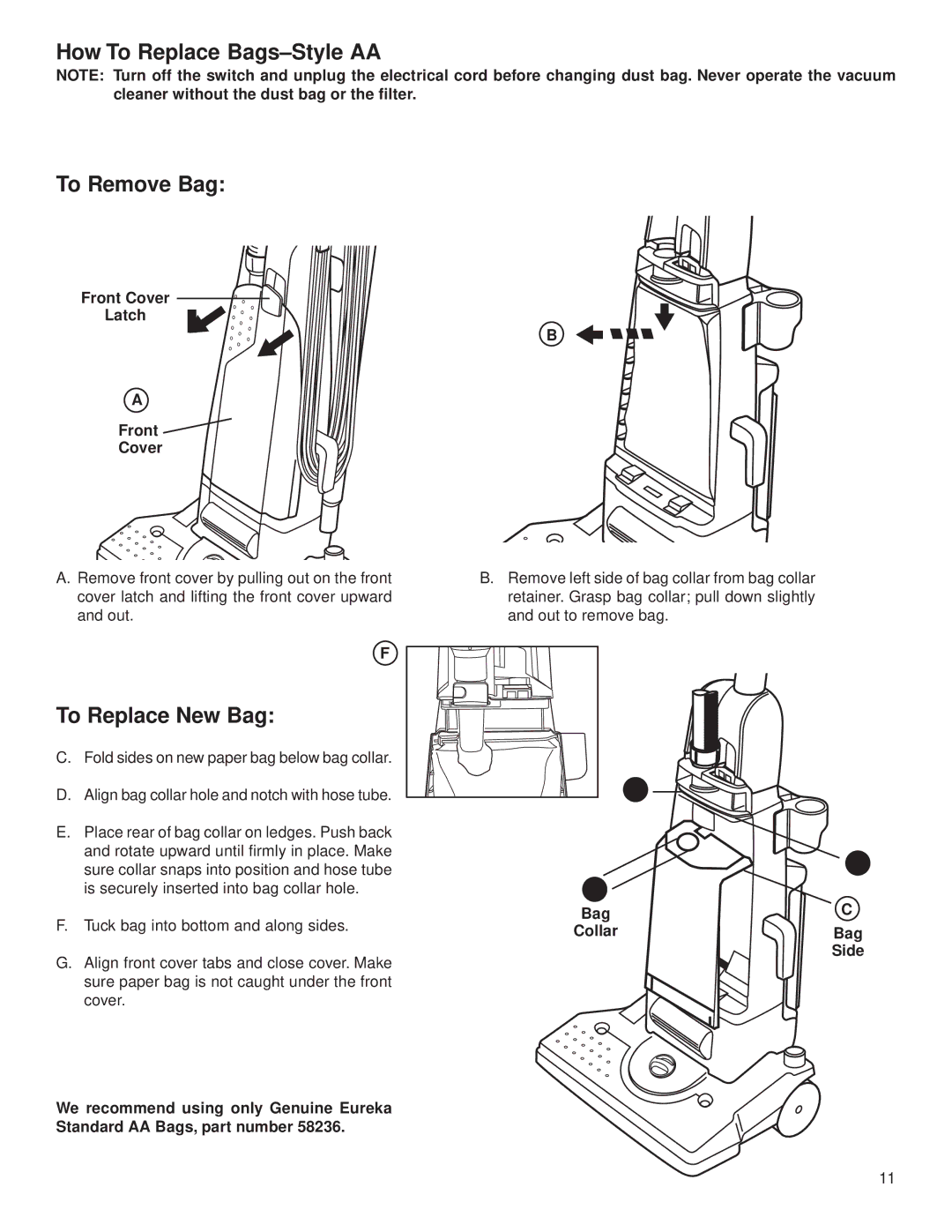Eureka 4500 warranty How To Replace Bags-Style AA To Remove Bag, To Replace New Bag, Front Cover Latch, Bag Collar 