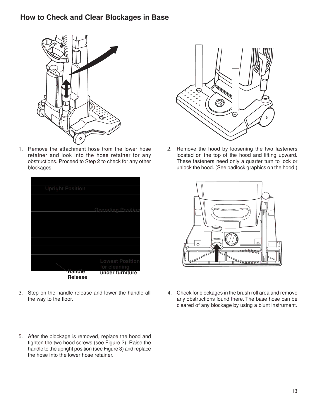 Eureka 4500 warranty How to Check and Clear Blockages in Base, Upright Position 