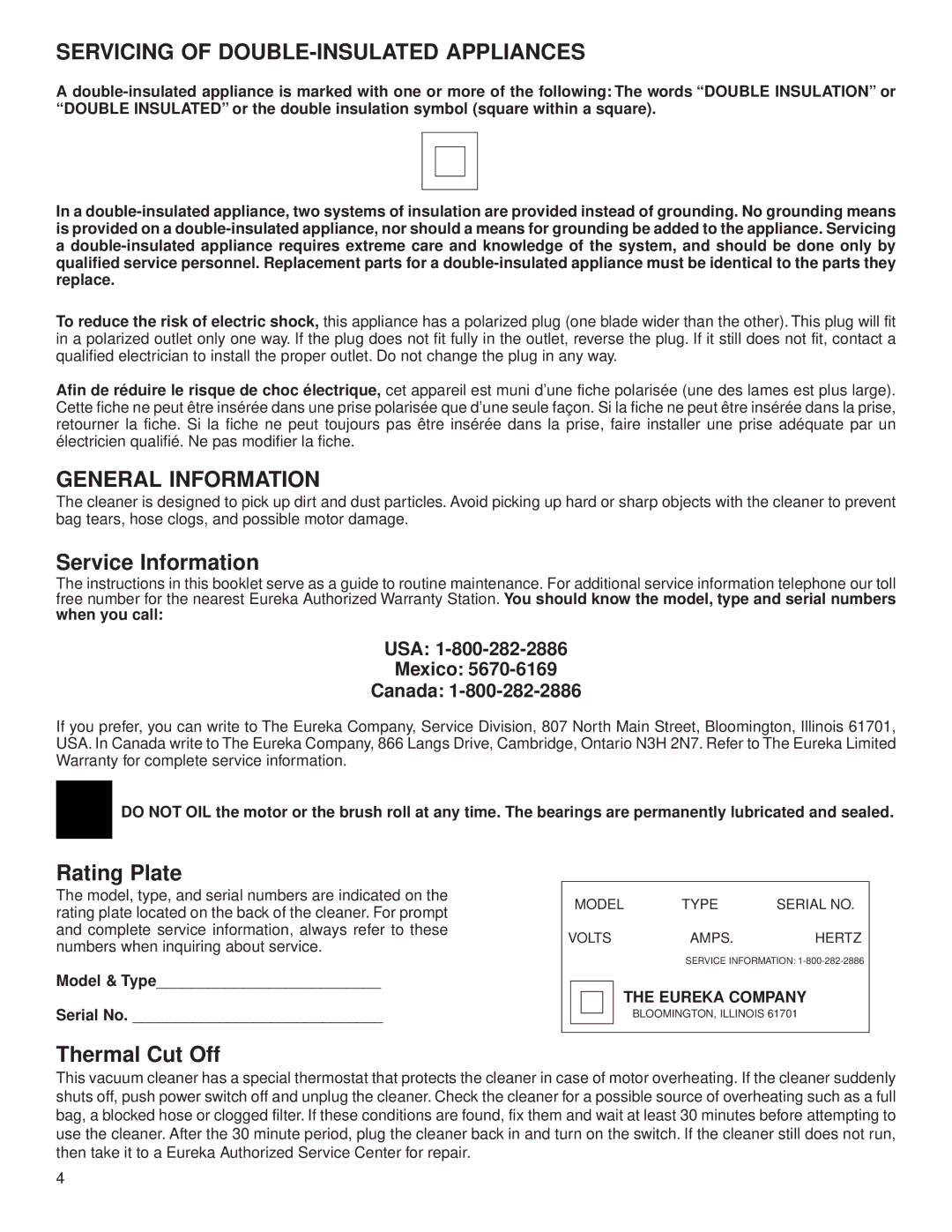 Eureka 4500 warranty Servicing of DOUBLE-INSULATED Appliances, General Information, Service Information, Rating Plate 