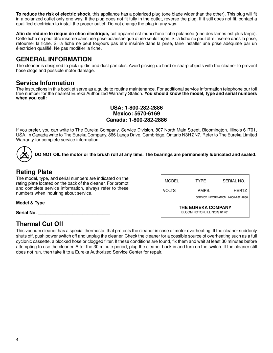 Eureka 4500 warranty Service Information, Rating Plate, Thermal Cut Off, USA Mexico Canada 